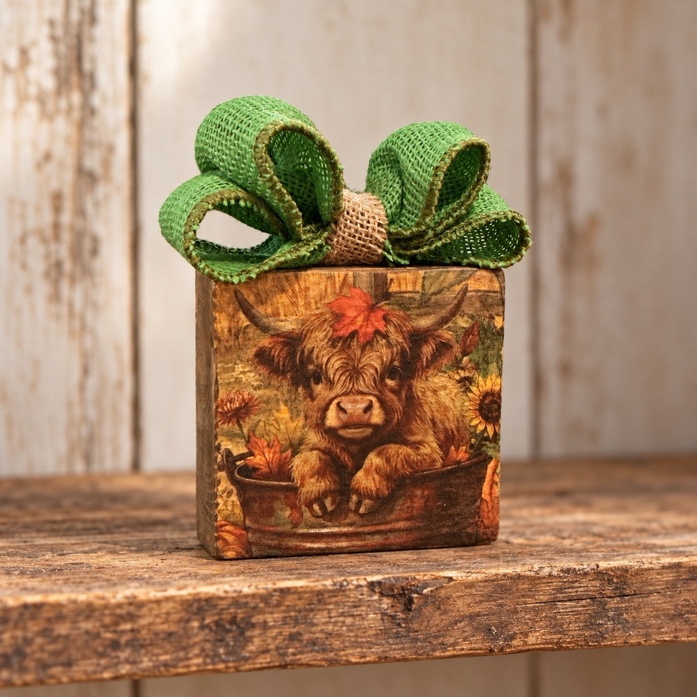 Handmade Highland Cow Wood Block Decor Fall Farmhouse Burlap Bow 4x4x1.5